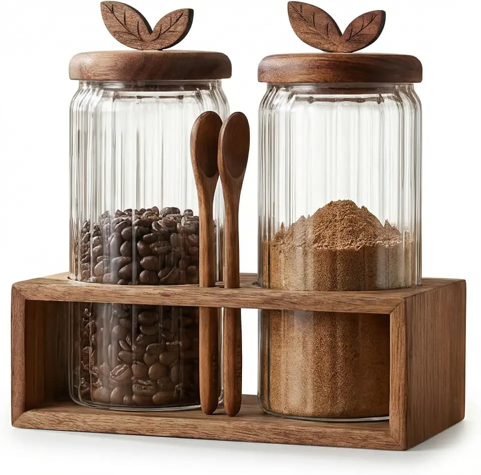 Coffee & Sugar Canister Set, 2 x 40 fl oz Airtight Glass Jars