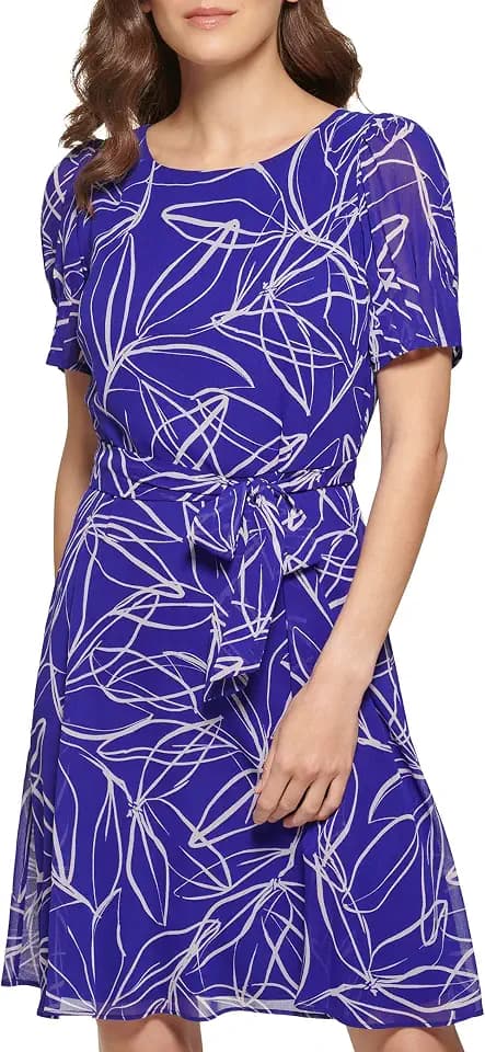 DKNY Women's Short Sleeve Puff Sleeve Tie Waist Dress