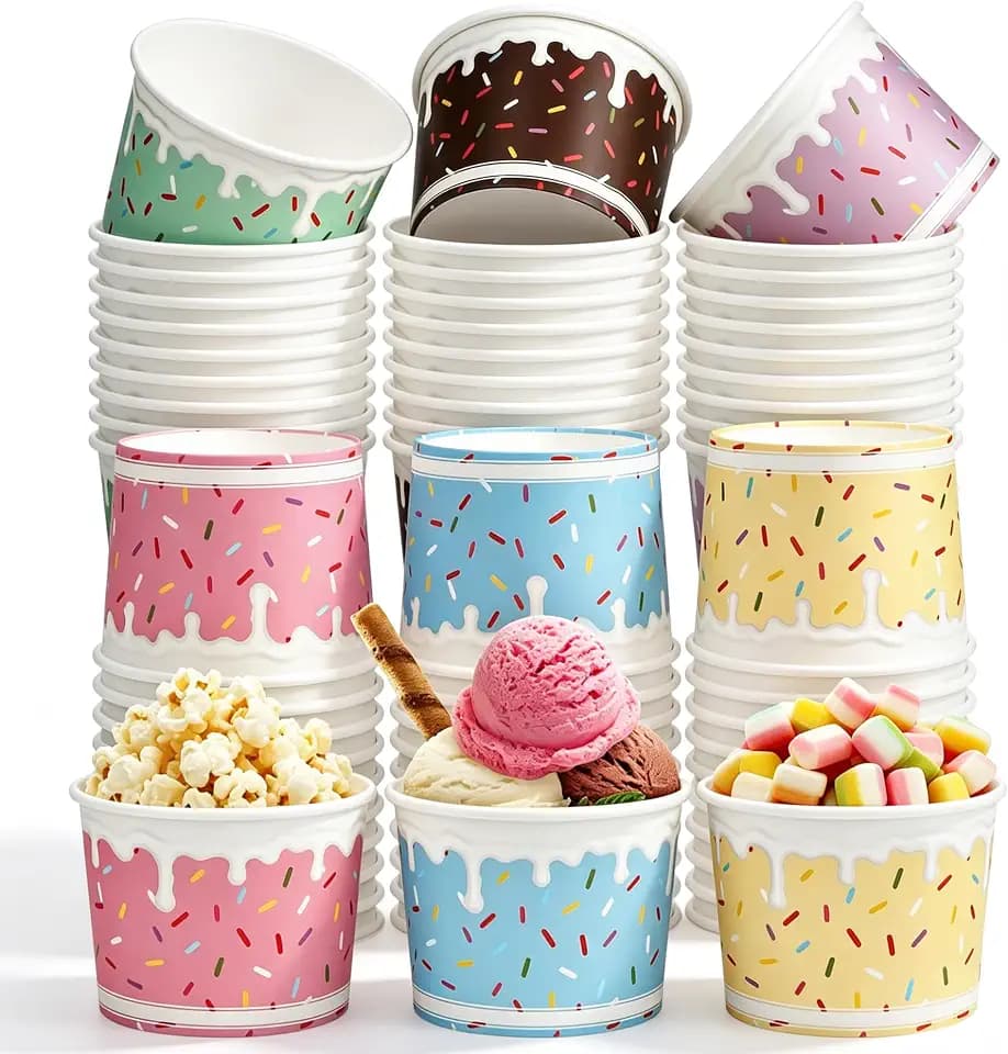 Aodaer 60 Pack 8oz Paper Cups Sprinkles Ice Cream Bowls Disposable Snack Bowls Dessert Cups Treat Sundae Yogurt Hot or Cold Food Containers Party Supplies for Birthday Wedding Summer Party, 6 Color