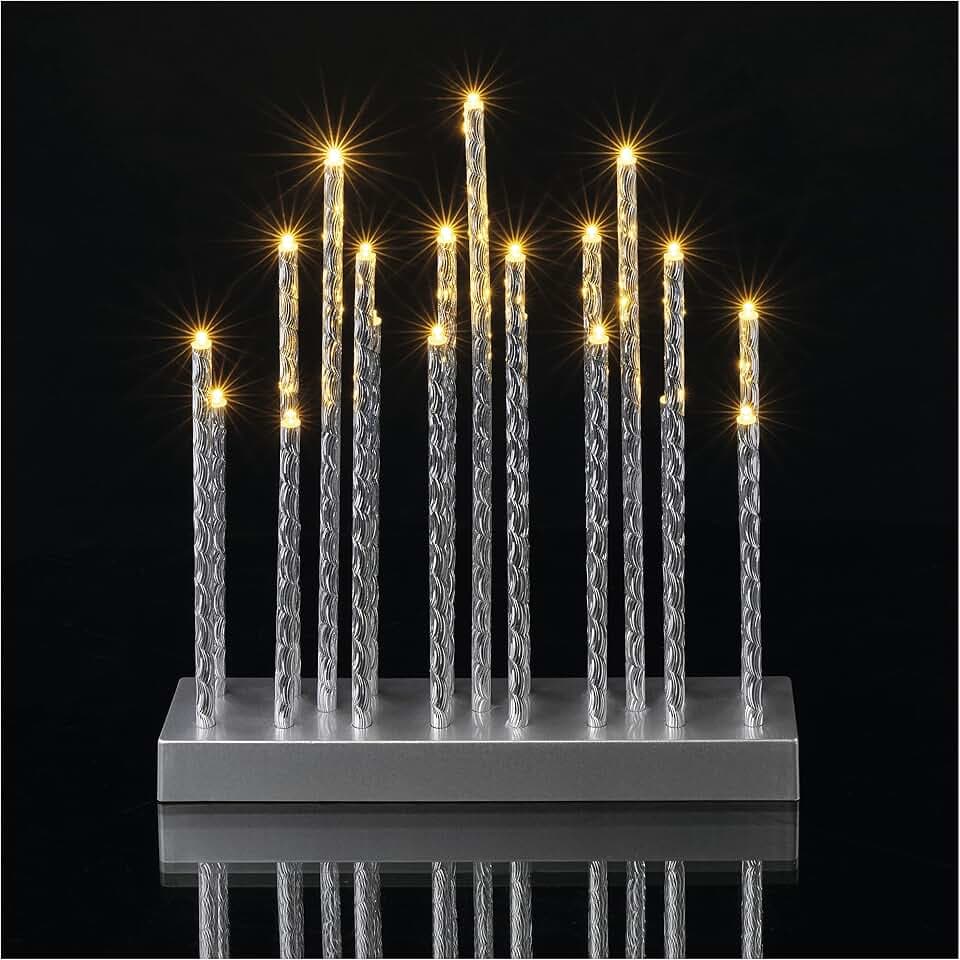 EMOS LED Kerzenständer mit 19 Kerzen, silbern Glanzeffekt, Batteriebetrieben 3X AA, Innenbereich IP20, 6/18h Timer-Funktion, 28, 5 x 25 cm, DCAW02, Silber