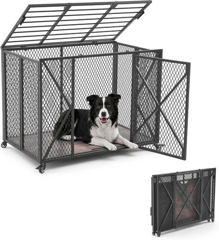 VEVOR 38 Inch Heavy Duty Dog Crate, Max Load 250 lbs, Foldable Indestructible Escape-Proof Dog Kennel Indoor for High Anxiety Small & Medium Breeds, Steel Pet Cage with Double Doors & Lockable Wheels