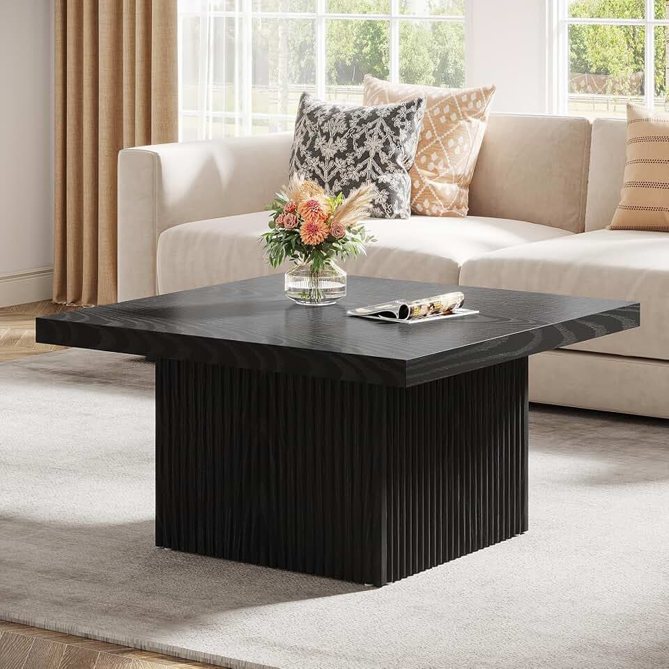 Tribesigns Square Coffee Table, 31.5-Inch Fluted Coffee Table, Mid-Century Modern Living Room Table, Large Cocktail Table for Living Room, Easy Assembly, Black