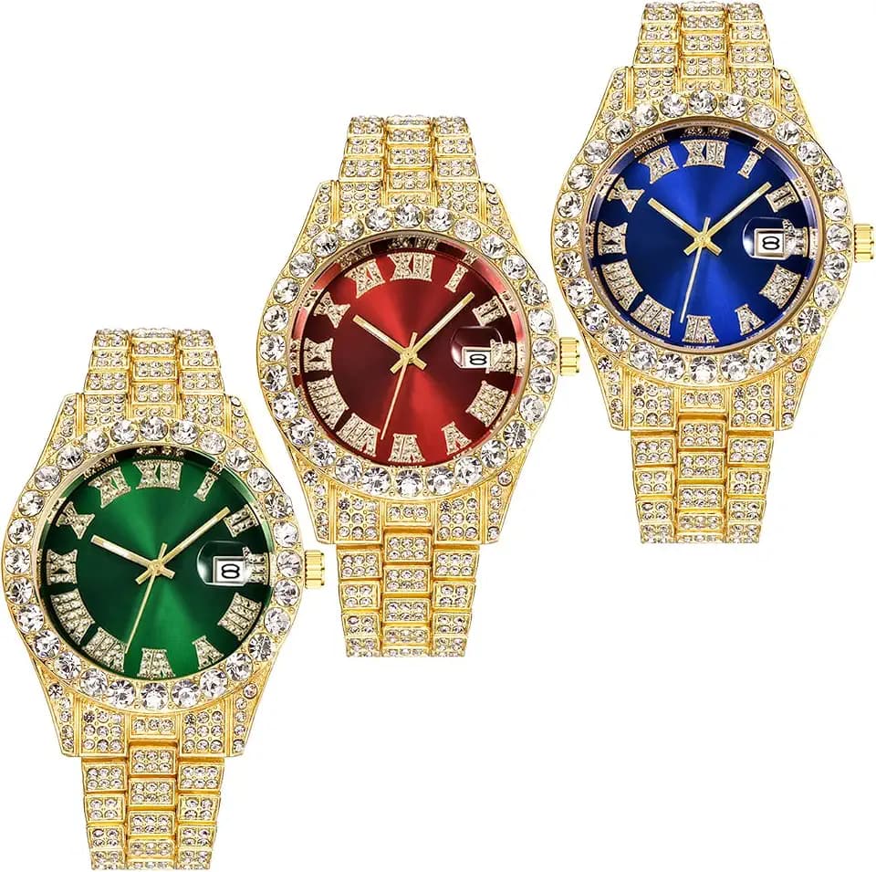 3 Pack Men Hip Hop Watch with Roman Scale Calendar Crystal Rhinestone Watches Stainless Steel Iced-Out Wrist Watch