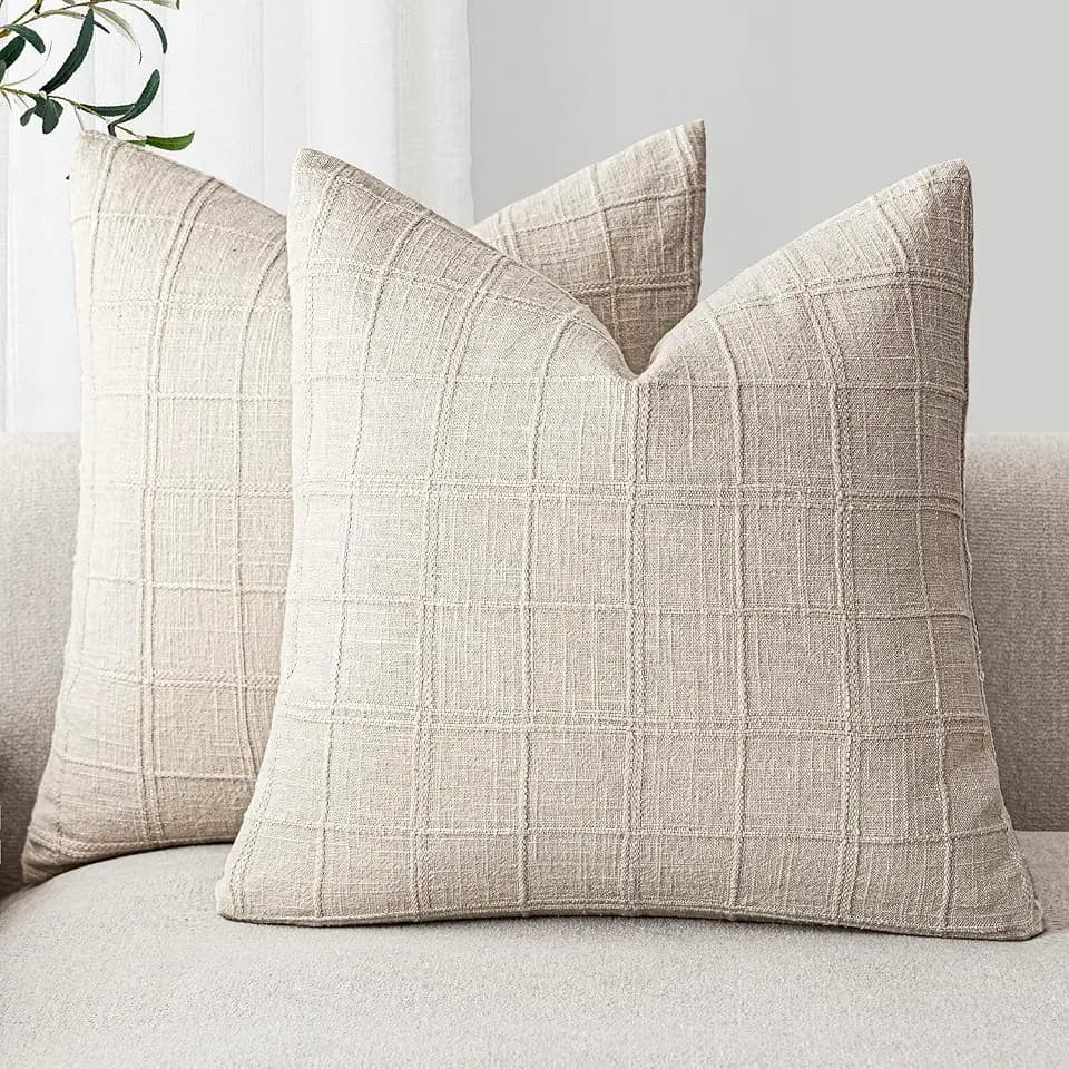 Foindtower Linen Check Decorative Throw Pillow Covers 22×22 Natural Beige