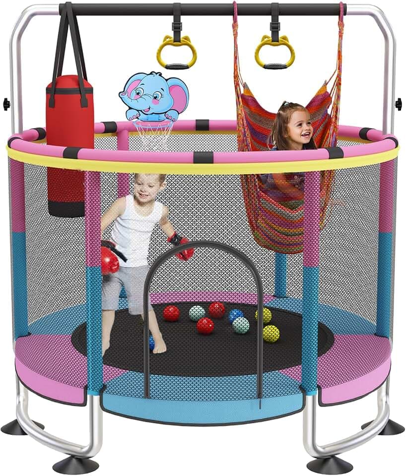 Trampolin Kinder, 150cm Kinder Trampolin Outdoor/Indoor, 200kg verstellbares,mit Basketballkorb und Gehäuse,Geschenke für Jungen und Mädchen Rosa
