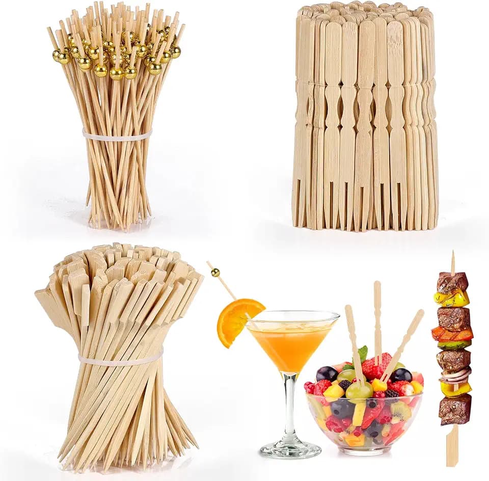 [300 PCS] Cocktail Picks Toothpicks for Appetizers - 4.7 Inch Gold Ball Cocktail Pick, Bamboo Skewer and 4 Inch Fruit Fork, Fancy Toothpicks for Party Decoration Charcuterie Boards Accessories