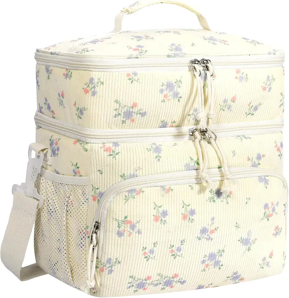 HowFly Corduroy Insulated Lunch Bag Box for Women Men - Double Deck - Soft Reusable Thermal Portable Cooler Tote Bag for Work Travel, Purple Floral