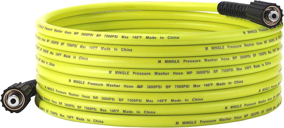 M MINGLE Pressure Washer Hose 25 FT x 1/4", M22 14mm Fittings, 3600 PSI