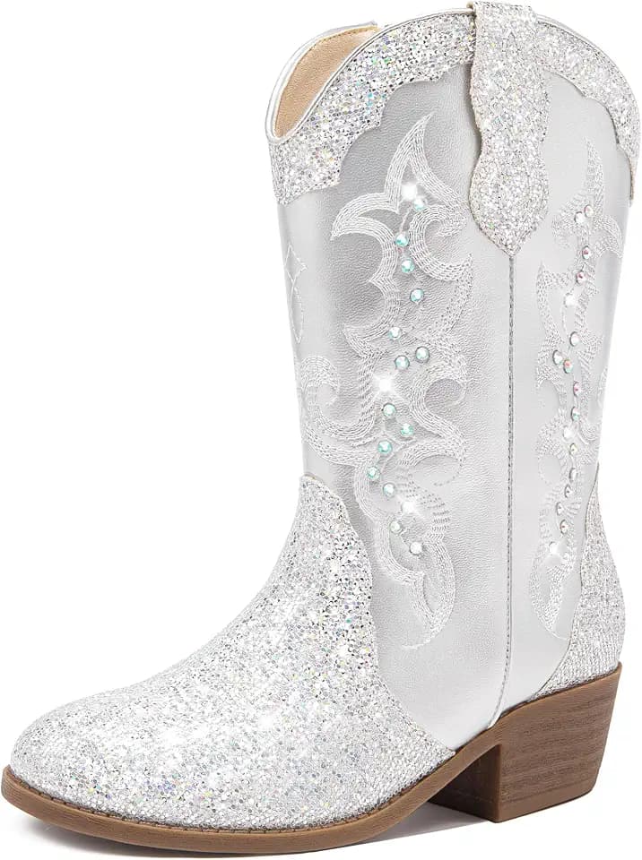 LAURMOSA Girls Cowboy Boots Cowgirl Western Boot for Kids Rhinestone Sparkly Toddler Dress Boots Ponited Toe Mid Calf Birthday Party for Little Big Kid