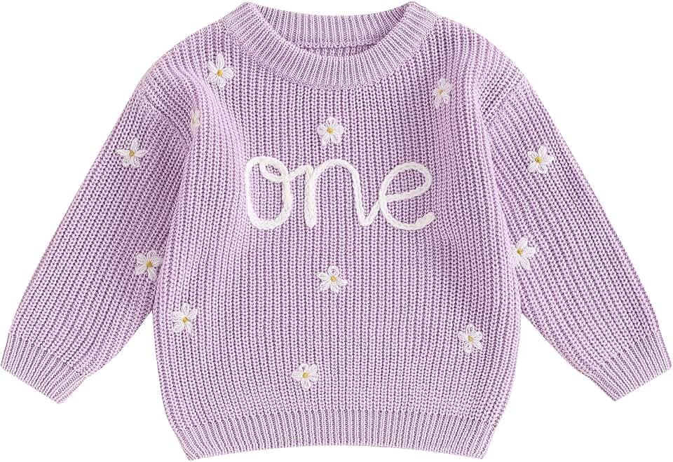 Baby Mädchen Pullover zum ersten Geburtstag, lässig, langärmelig, Rundhalsausschnitt, Buchstaben, Blumenstickerei, gerippter Strickpullover, warmer Pullover, Kleinkindkleidung, Strickwaren