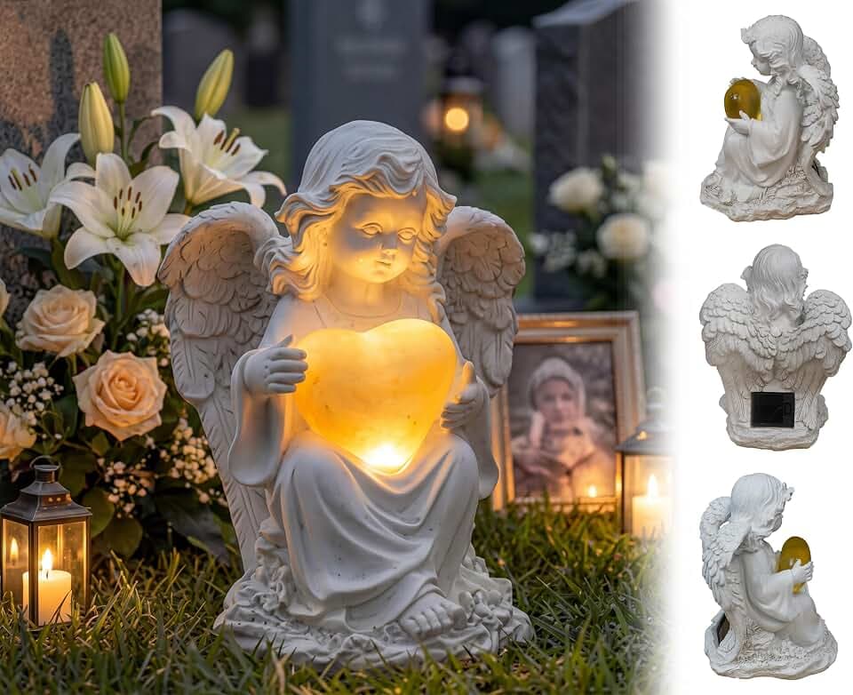 Garden Solar Statue Outdoor Decor, Angel Statue Light for Cemetery Grave, Waterproof Resin Memorial Angel Sculpture for Outside Yard Patio Balcony Porch Front Lawn, Gift for Mom Grandma Women