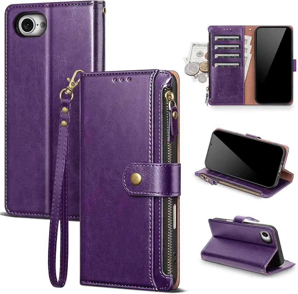 Compatible with iPhone 17e / 16e Wallet Case with Card Holder RFID Blocking Zipper Poket PU Leather Flip Phone Case with Wrist Strap Credit Card Slots Men Women,Dark Purple