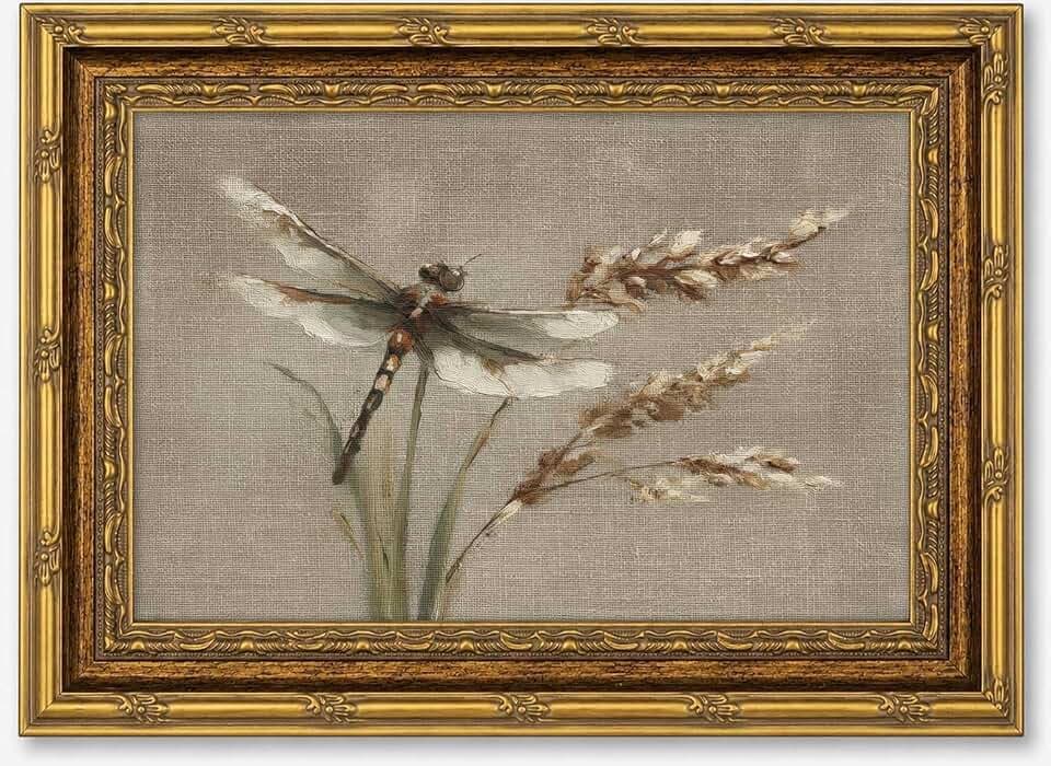 Vintage Gold Framed Dragonfly Canvas Wall Art 9x11 Inch