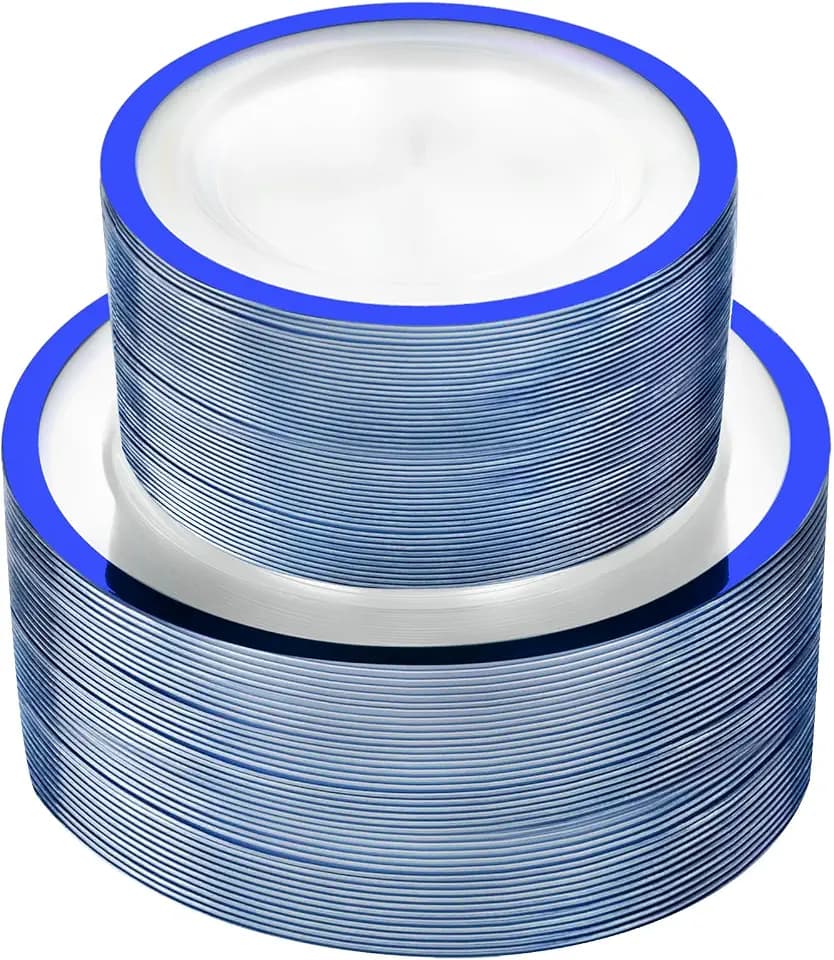 U-QE 120pcs Blue Plastic Plates for Party, Clear and Blue Disposable Plates