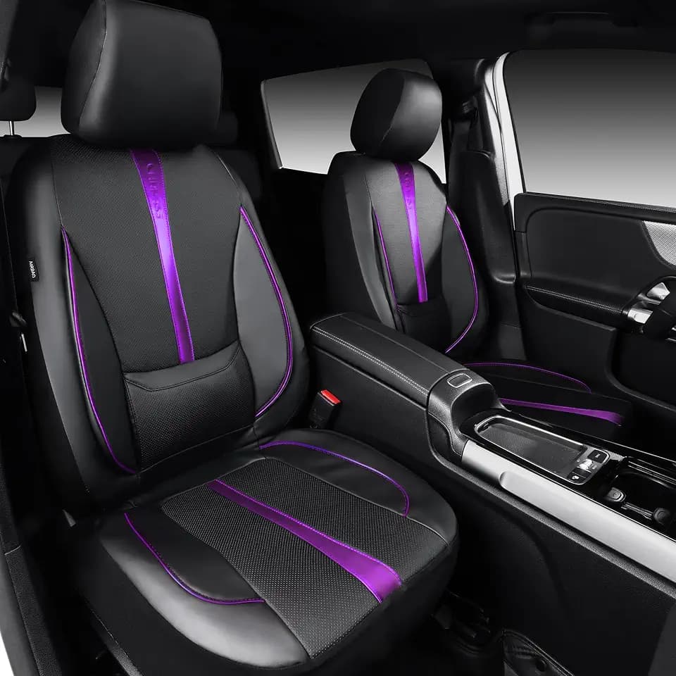 CAR PASS Nappa Leather Car Seat Covers, Water Resistant 3D Foam Faux Leather Seat Covers, Lumbar Support Automotive Seat Covers 2 Front Seats, Comfort & Universal Fit for Cars SUV Truck, Black Purple