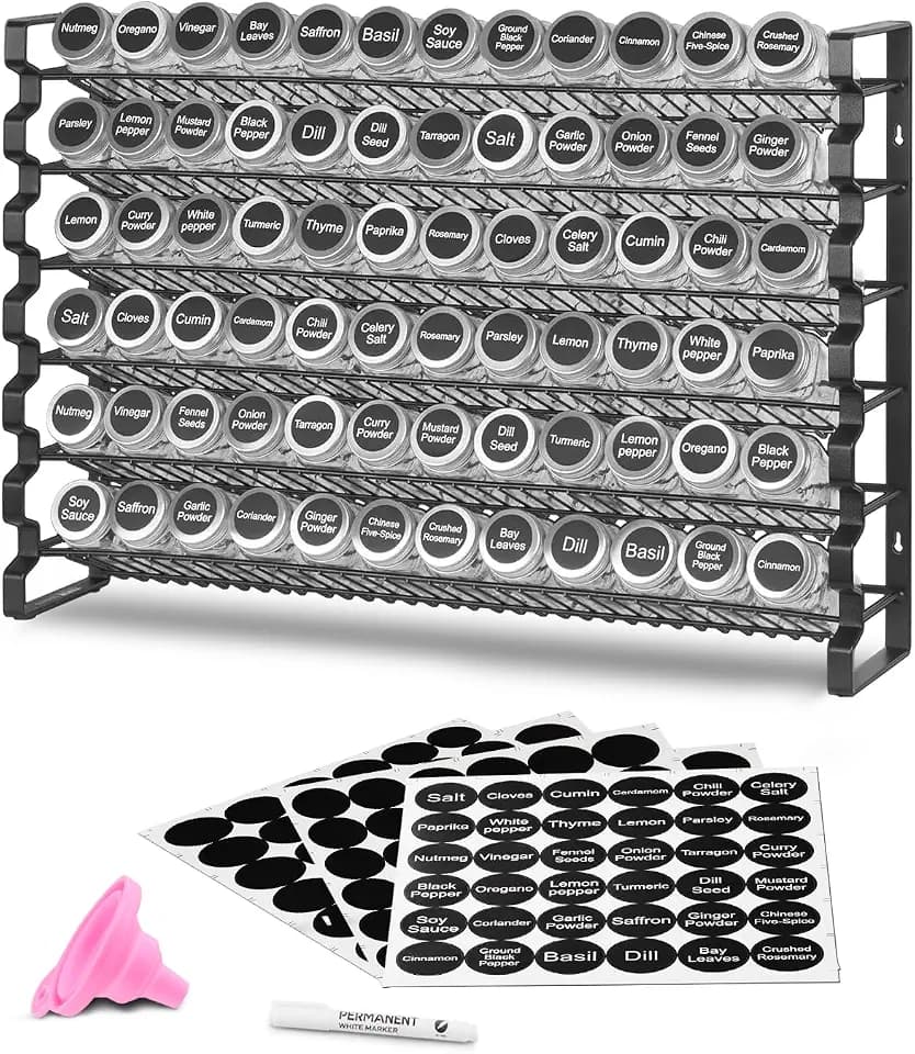 VEVOR 6-stöckiges Gewürzregal Gewürzhalter mit 72 leeren Gewürzgläser & Trichter-Komplettset & Gewürzetiketten, Gewürz-Organizer für Küchen Schrank Speisekammer (591 x 118 x 407 mm)