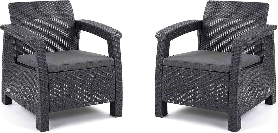 Allibert by Keter Corfu 2er Set Gartensessel aus Kunststoff, inkl. Outdoor Kissen, für Garten und Balkon, graphit / hell grau, 75 x 70 x 79cm pro Stuhl