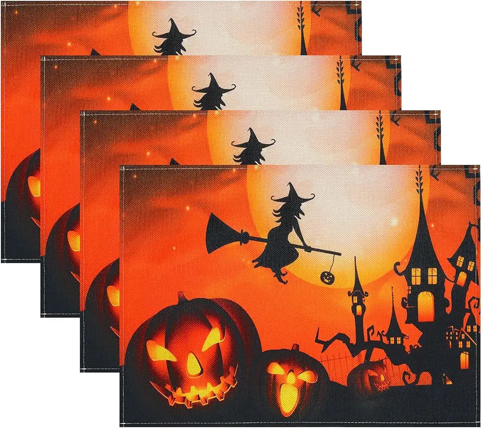4 Pack Halloween Placemats Set Witch Pumpkin Washable Table Place Mats Trick Or Treat Autumn Table Mats for Dining Home Table Kitchen Halloween Decoration