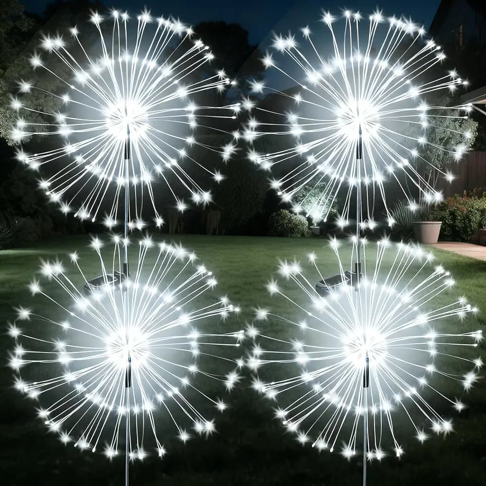 JJGoo Solar Firework Lights, 4 Pack 120 LEDs 2 Lighting Modes Solar Garden Lights Outdoor Waterproof for Yard Patio Walkway Pathway Party Wedding Christmas Decorative - White
