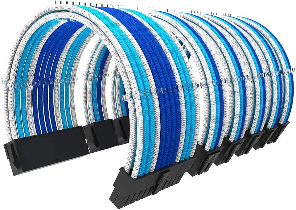 PSU Kabelverlängerung für Stromversorgung 30CM Länge mit Kabelkämmen Verlängerungskabel Kit 24-pin 8-pin 6-pin Sleeved Cable-Weiß/Blau
