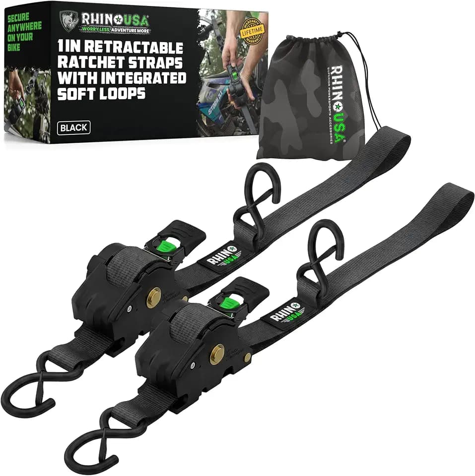 Rhino USA Retractable Motorcycle Tie Down Straps - Soft Loops & S-Hooks