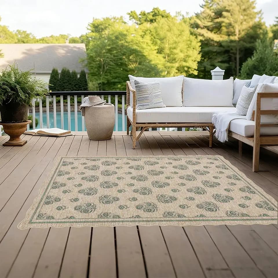 ORTIGIA Scalloped Easy Jute 3x5 Area Rug Vintage Sage Green Floral