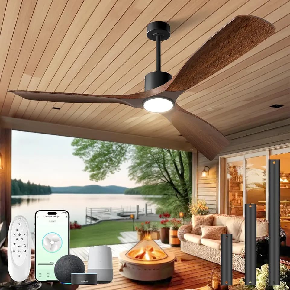 60" Smart Ceiling Fan with Lights,Outdoor Ceiling Fan 3 Wood Blade,Compatible with Alexa/Gg/App/Remote,3-Color & Dimmable Light Quiet Reversible DC Motor for Patio,Dark Walnut