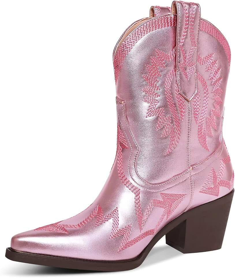 HOCHFART Women's Western Ankle Cowboy Boots Chunky Pointed Toe Wide Calf