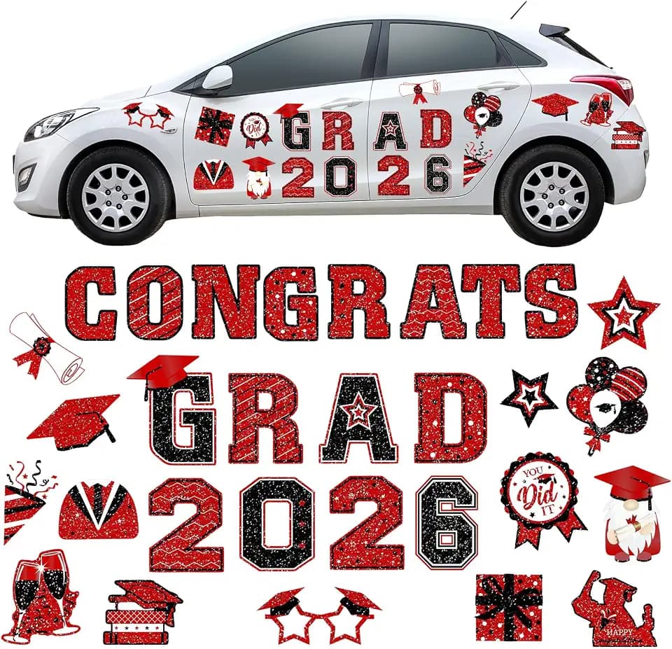 Landhoow 30 Pcs Graduation Car Magnets 2026 Senior Graduation Car Decoration Bumper Sticker Congrats Grad Magnet Magnetic Refrigerator Decal for Grad Parade Party Supplies(Red, Black)