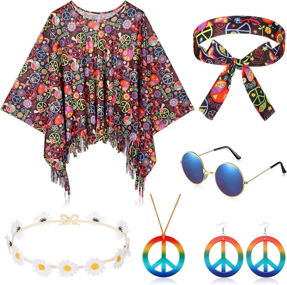 HICARER 6 Stück Hippie Kostüm Set inklusive Hippie Poncho Frieden Zeichen Halskette Ohrringe Stirnband Hippie Sonnenbrillen 60er 70er Jahre Bekleidung Accessoires für Damen