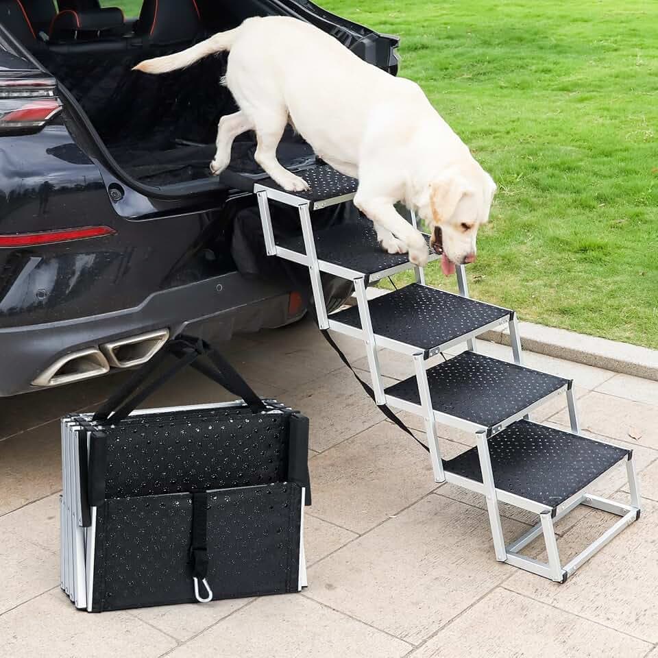 Uross Hundetreppe für Auto - 5 Stufen Zusammenklappbare Rampe für Auto und SUV, Aluminium-Treppe für Große Hunde, Teleskop-Modell für LKW, Hochbett