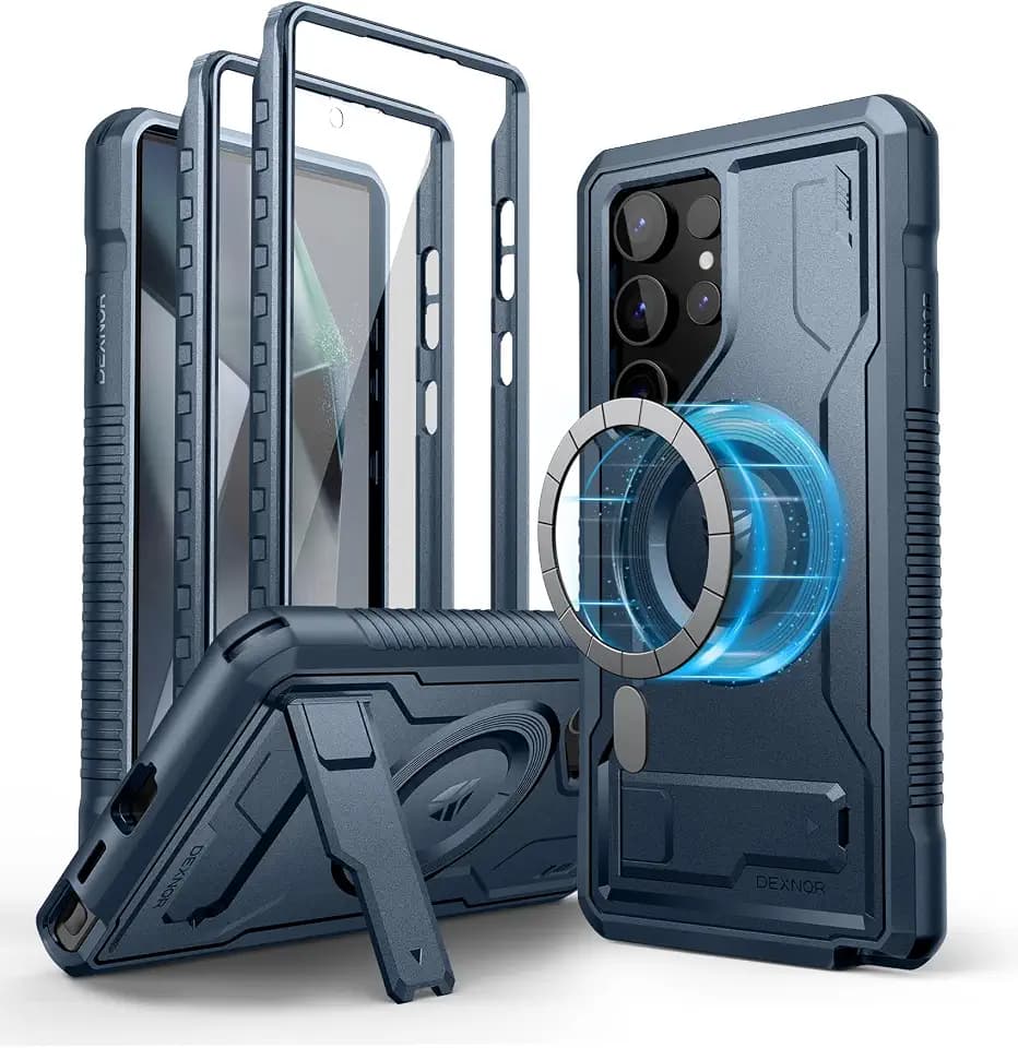 Dexnor Magnetic Case for Samsung Galaxy S24 Ultra Case, Compatible with Magsafe, 2 Front Frames & Built-in Screen Protector, Bumper Rugged Shockproof Full-Body Protective Cover with Kickstand,Navy