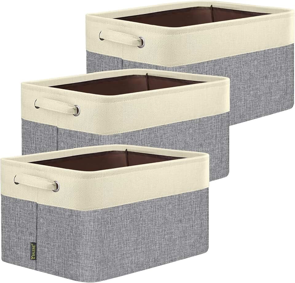 BALEINE 3 Pack Fabric Closet Storage Bins for Shelves, Linen Closet Organizers and Storage, Decorative Baskets for Organizing, Shelf, Clothes, Home, Office (Grey, 17''x13''x10.5'')