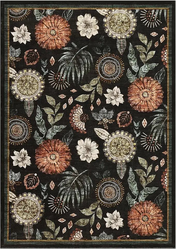 COZYLOOM Extra Large Area Rug 10x14 Farmhouse Floral Rug Thin Washable Carpets with Non Slip TPR Backing, Soft Non Shedding Floor Covering, Indoor Low Pile Foldable Printed Mats for Office, Black