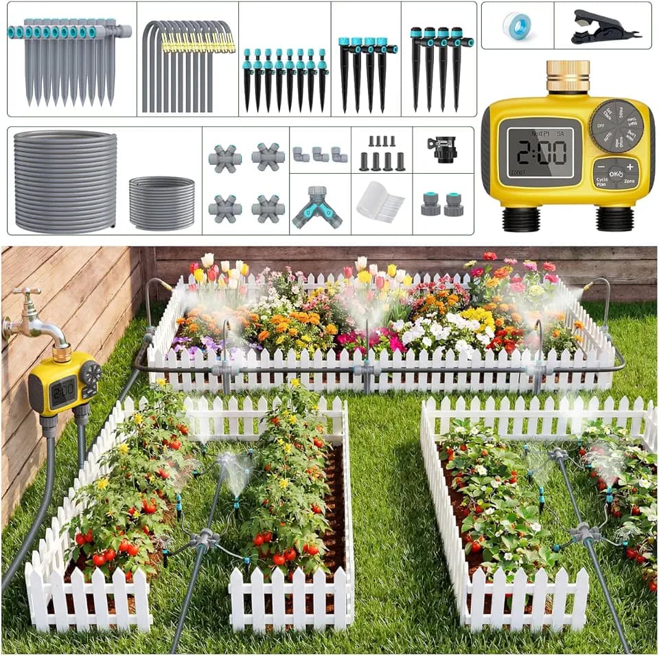 172FT Drip Irrigation System Kit with 2 Zone Water Timer for Garden