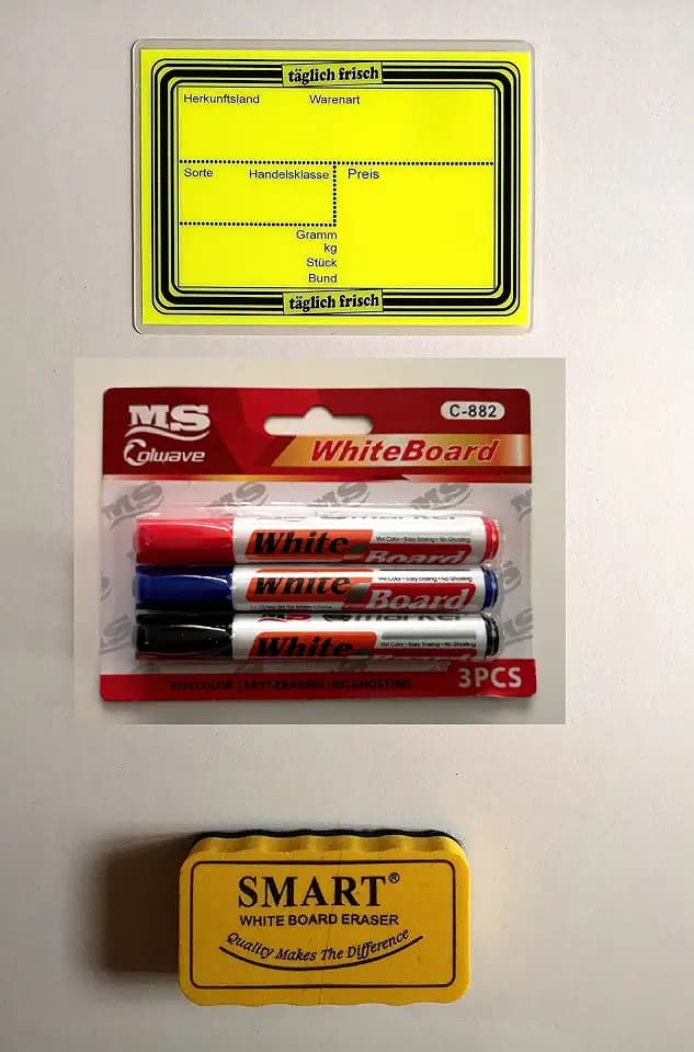 20 laminierte Preisschilder 111 x 154 mm neon-gelb + 3 Marker + 1 Schwamm zum Löschen für Obst und Gemüse mit Aufdruck