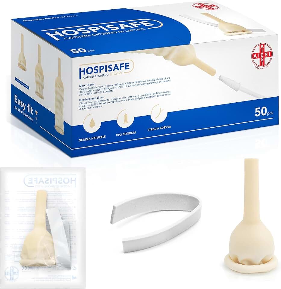 AIESI® Externer Latexkatheter für männer mit klebestreifen durchmesser 25 mm einzeln verpackt HOSPISAFE (Packung mit 50 Stück)