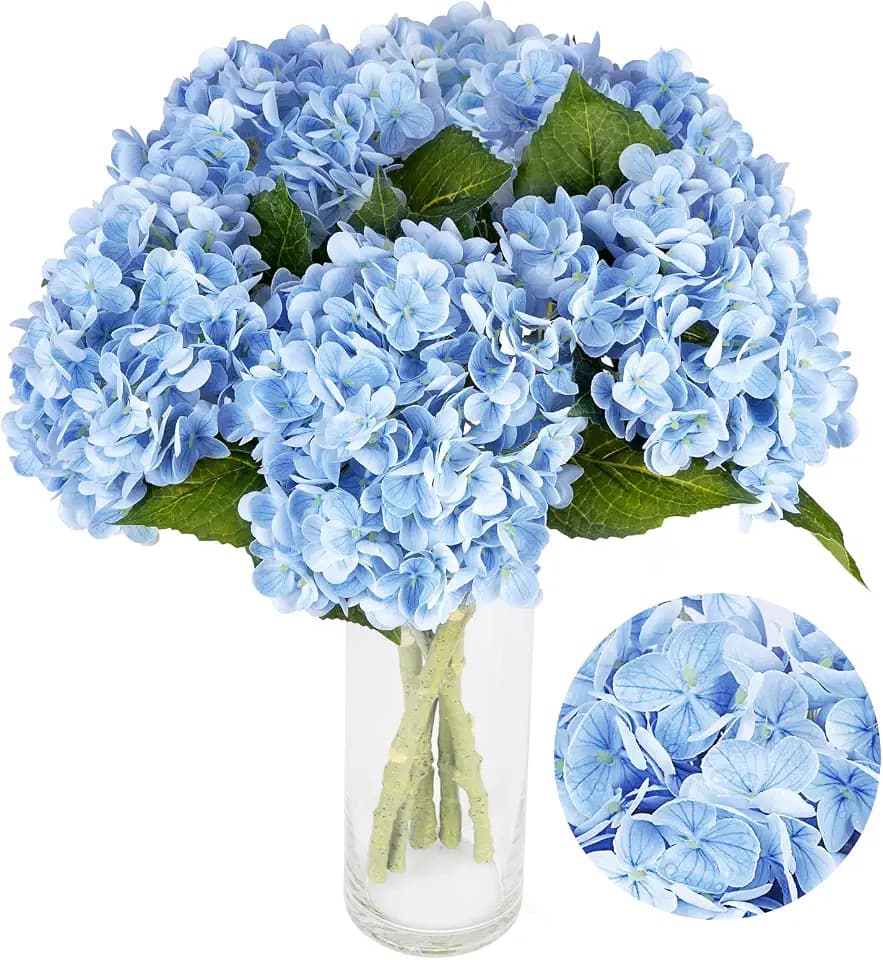 3Pcs Real Touch Artificial Hydrangeas 21" Latex Faux Hydrangea Flowers Stems for Vases, Wedding Centerpieces, Home Decor — Removable Heads,Blue