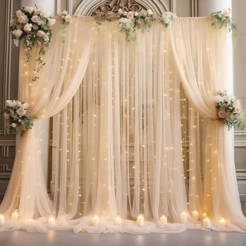 30x8ft Champagne Tulle Backdrop Curtain with Lights String for Parites, Sheer Photo Backdrop Curtains with Lights for Wedding Backdrop Ceremony Reception Bridal Shower Baby Shower Birthday Party