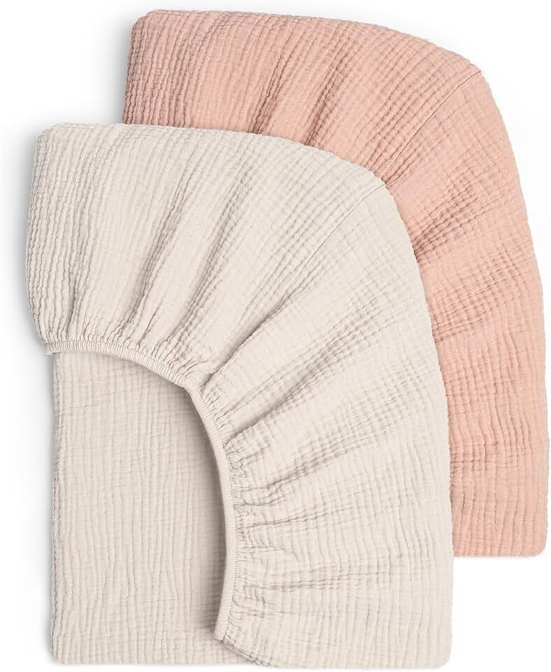 lulumoon 2er Pack Musselin Baby Spannbettlaken 60x120cm / 70x140 cm für Babybett & Reisebett - Weiche Oeko-Tex Baumwolle - Atmungsaktiv - Passend für roba Babybetten (Weiß Rosa, 70x140cm)
