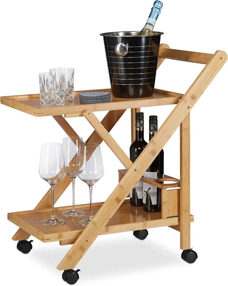 Relaxdays Küchenwagen Bambus, Servierwagen klappbar mit Flaschenhalter, Rollwagen Holz, 65 x 40.5 x 70 cm, natur