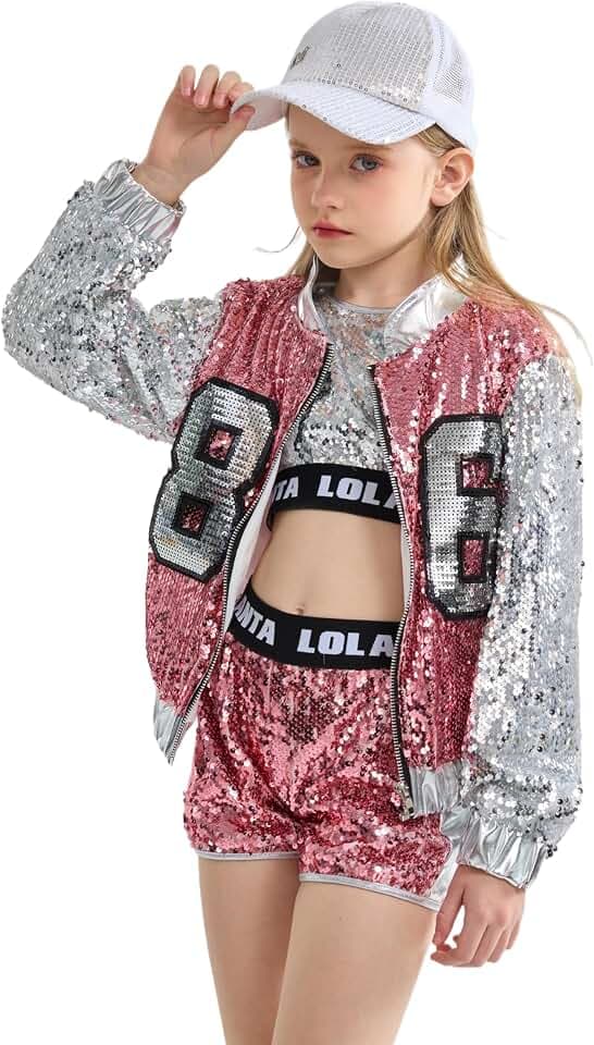 LOLANTA 4 Stück Mädchen Hip Hop Tanz Kostüm Kinder Pailletten Jazz Tanz Kleidung Set Socken angebracht, 4-15 Jahre