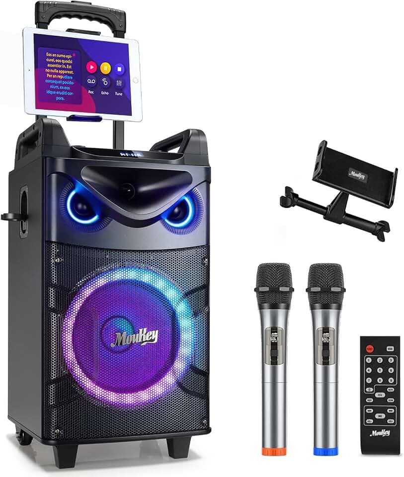 Moukey Karaoke Maschine, Große Karaoke Anlage mit 26cm Woofer & 8cm Tweeter & 2 Mikrofonen, Wiederaufladbarer Bluetooth Lautsprecher mit Lichteffekt Tablettenhalter TWS/Rec/AUX/USB/TF/FM für Party