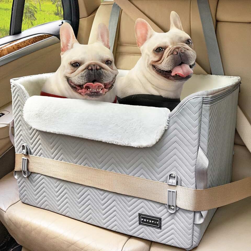 Petsfit Hund Autositz für kleine/mittlere Hunde, Stabiler Sicherer Hundesitz Auto rückbank mit 2 Sicherheitsgurte & -Schnalle, Sitzerhöhung Hundekorb Hundebett Auto für 2 kleine Hunde