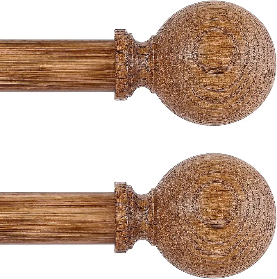 2 Pack Wood Curtain Rods for Windows 48 to 84 Inch,1 Inch Wood Grain Ball Adjustable Curtain Rod,Boho Heavy Duty Curtain Pole,Farmhouse Rustic Window Treatment Rod,Brown Drapery Rods Set 36-88"