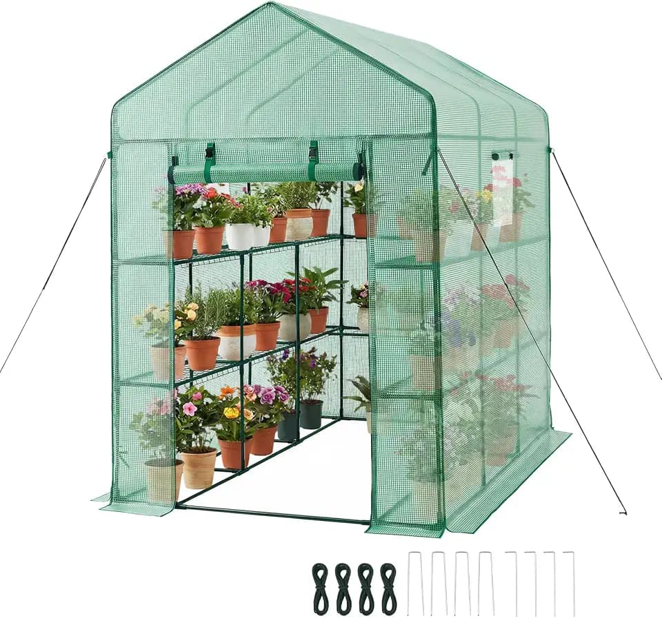 VEVOR Walk-in Greenhouse, 54" x 81.1" x 77.2" Greenhouse for Outdoors with Windows, PE Cover, 2 Tiers 14 Shelves, Roll-Up Zipper Door, Walk in Green House, Portable Plant Garden Hot House for Backyard