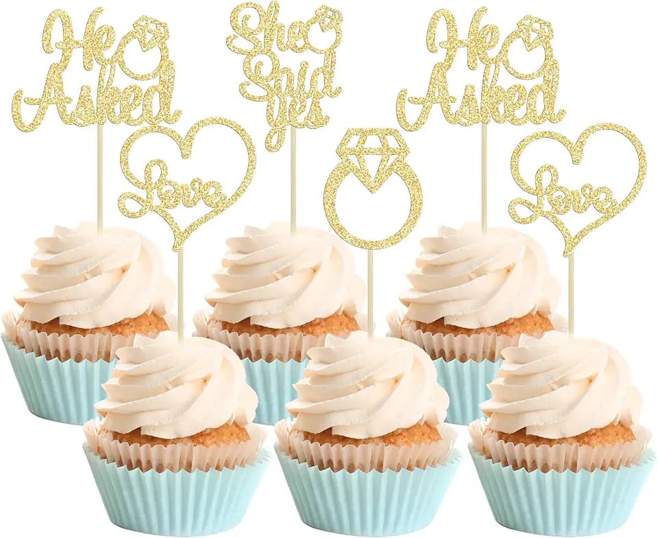 Gyufise He Asked She Said Yes Cupcake Toppers Gold Glitter Diamond Ring Heart Love Cake Picks for Wedding Engagement Party Cake Decorations 24 Pack