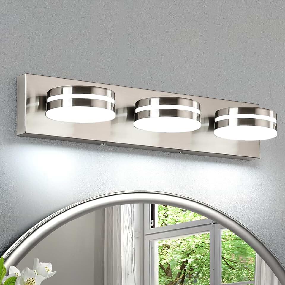 Brushed Nickel Bathroom Vanity Light, (24in Dimmable) 3-Light Bathroom Light Fixtures Over Mirror, LED 5500K Vanity Lights with 360°Rotating Lamp Head