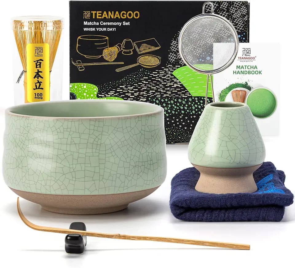TEANAGOO Matcha Set 7-tlg., Keramikschale Blaugrün, Bambusbesen 100 Zinken
