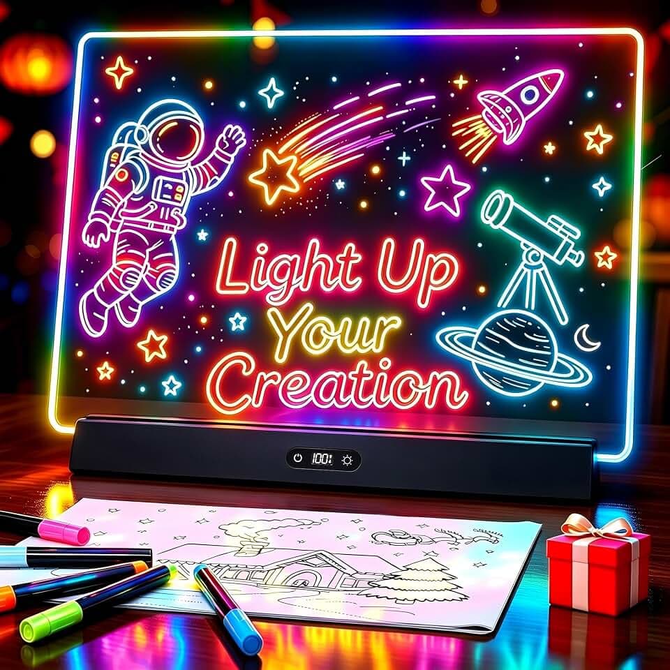 LED Note Board with Colors, Rechargeable 17-Inch Doodle Glow 9-Mode Light Up Desk Sign Letter Message Memo Drawing Dry Erase Board for Classroom/Home Decor/Office/Gifts, 6 Markers & Tracing Book